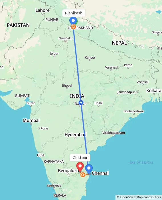 Route map showing distance and travel time from Rishikesh, India to Chittoor, India