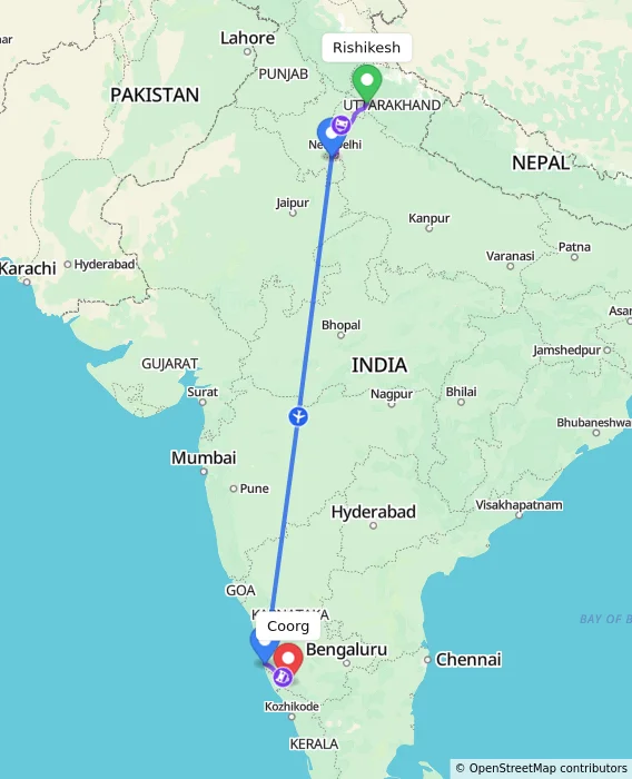 Route map showing distance and travel time from Rishikesh, India to Coorg, India