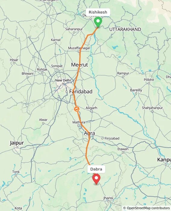Route map showing distance and travel time from Rishikesh, India to Dabra, India
