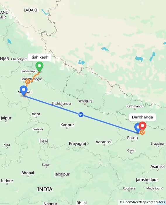 Route map showing distance and travel time from Rishikesh, India to Darbhanga, India