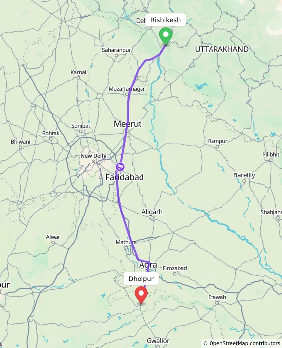 Route map showing distance and travel time from Rishikesh, India to Dholpur, India