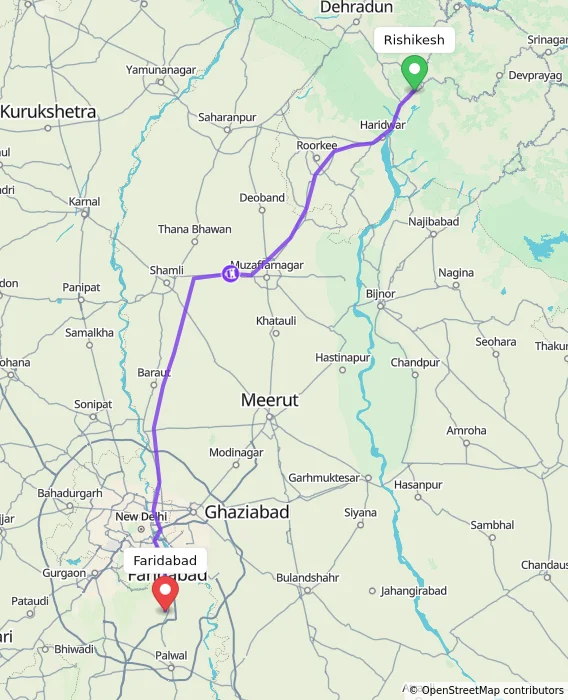 Route map showing distance and travel time from Rishikesh, India to Faridabad, India