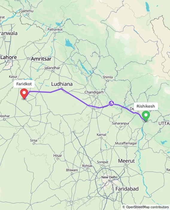 Route map showing distance and travel time from Rishikesh, India to Faridkot, India