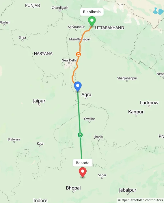 Route map showing distance and travel time from Rishikesh, India to Basoda, India