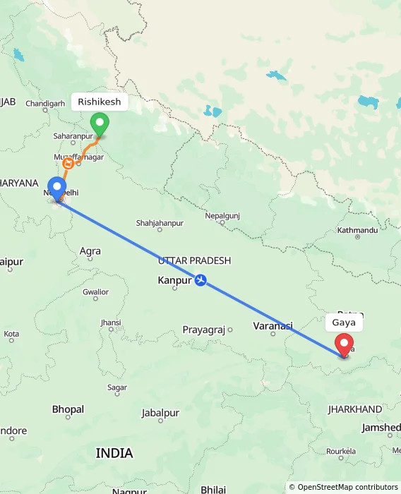 Route map showing distance and travel time from Rishikesh, India to Gaya, India