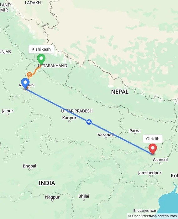 Route map showing distance and travel time from Rishikesh, India to Giridih, India