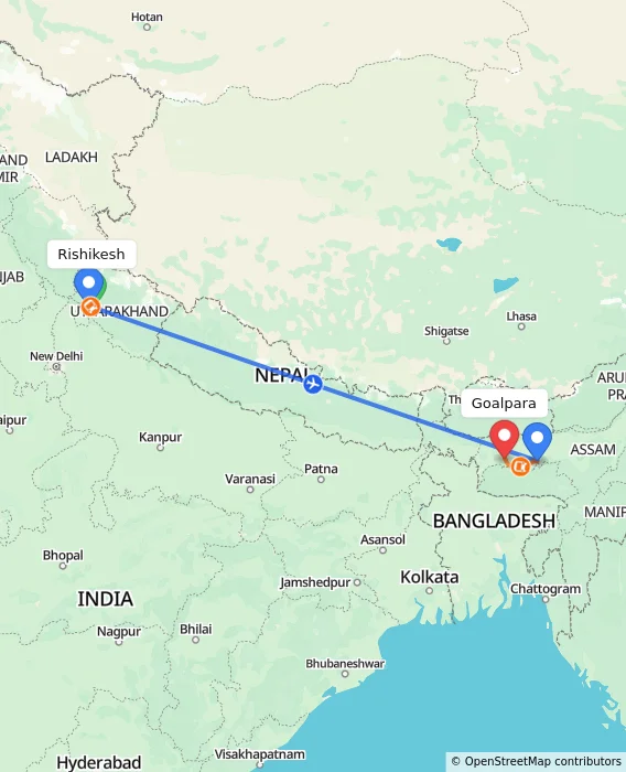 Route map showing distance and travel time from Rishikesh, India to Goalpara, India