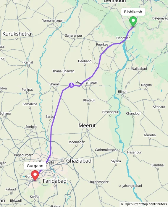 Route map showing distance and travel time from Rishikesh, India to Gurgaon, India