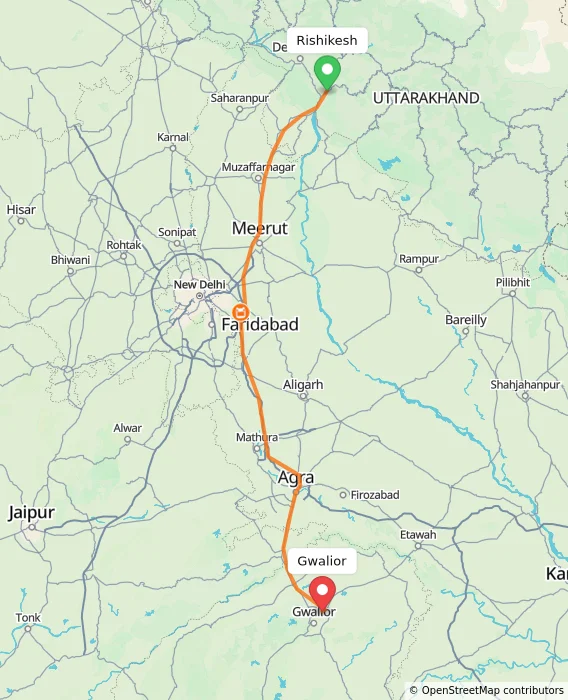 Route map showing distance and travel time from Rishikesh, India to Gwalior, India