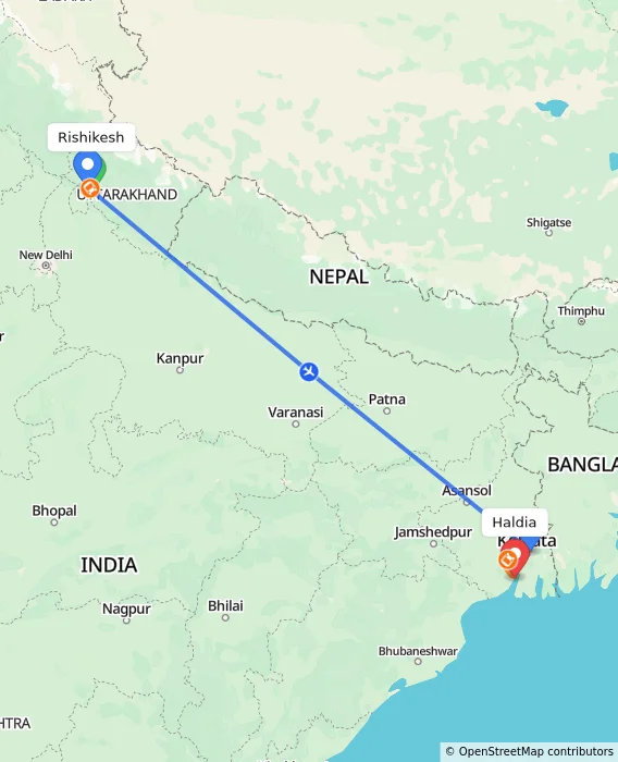 Route map showing distance and travel time from Rishikesh, India to Haldia, India