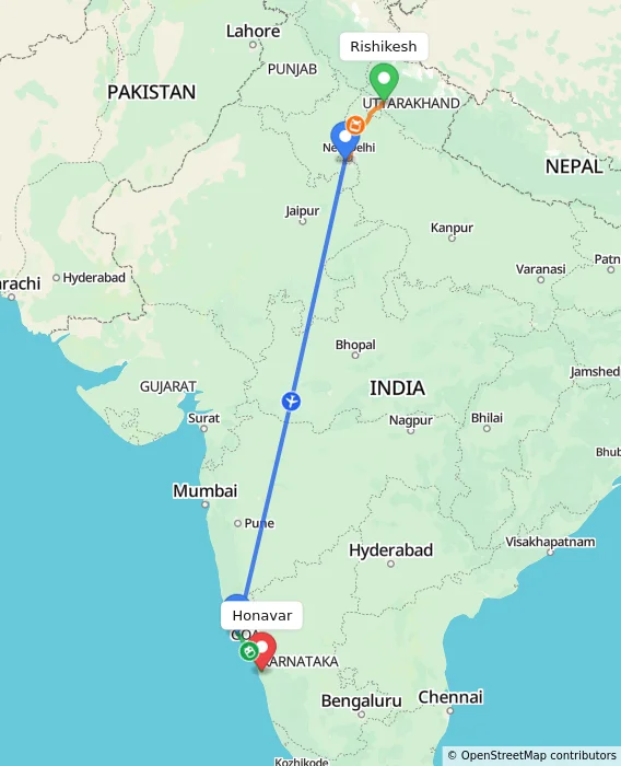 Route map showing distance and travel time from Rishikesh, India to Honavar, India