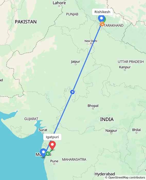 Route map showing distance and travel time from Rishikesh, India to Igatpuri, India