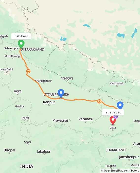 Route map showing distance and travel time from Rishikesh, India to Jahanabad, India