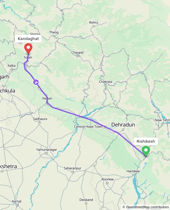 Route map showing distance and travel time from Rishikesh, India to Kandaghat, India