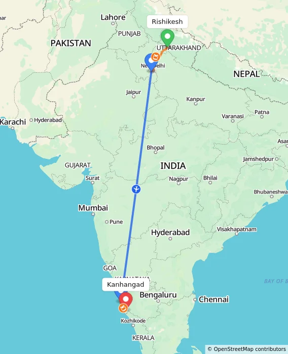Route map showing distance and travel time from Rishikesh, India to Kanhangad, India