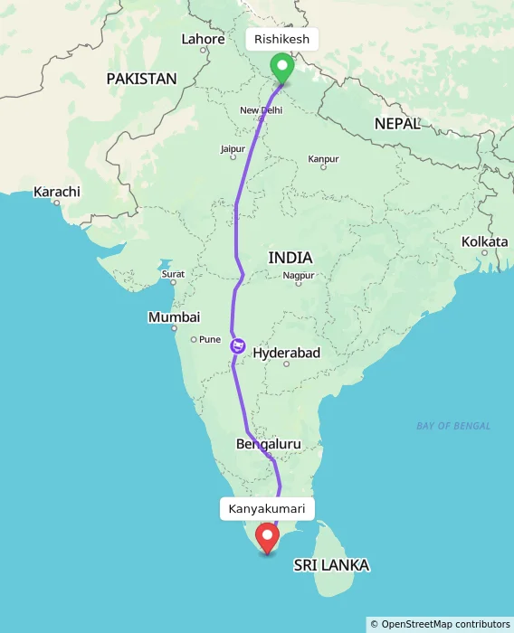 Route map showing distance and travel time from Rishikesh, India to Kanyakumari, India
