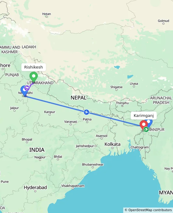Route map showing distance and travel time from Rishikesh, India to Karimganj, India