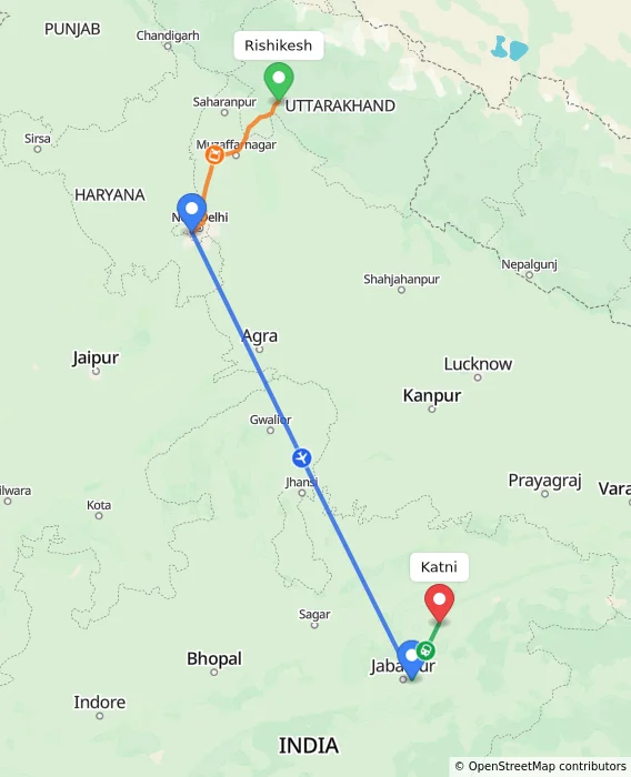Route map showing distance and travel time from Rishikesh, India to Katni, India