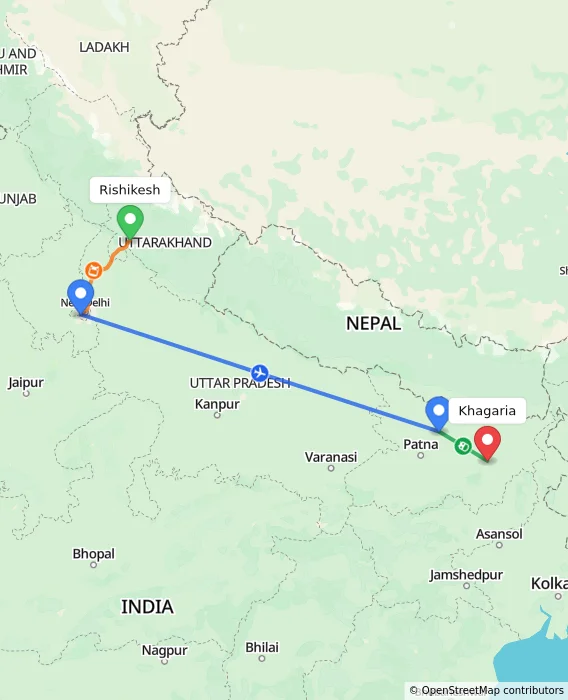 Route map showing distance and travel time from Rishikesh, India to Khagaria, India