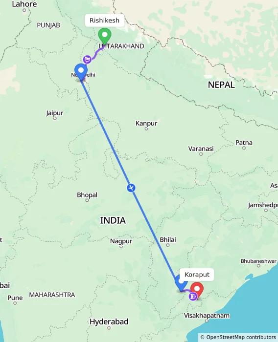 Route map showing distance and travel time from Rishikesh, India to Koraput, India