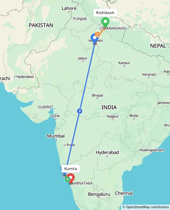 Route map showing distance and travel time from Rishikesh, India to Kumta, India