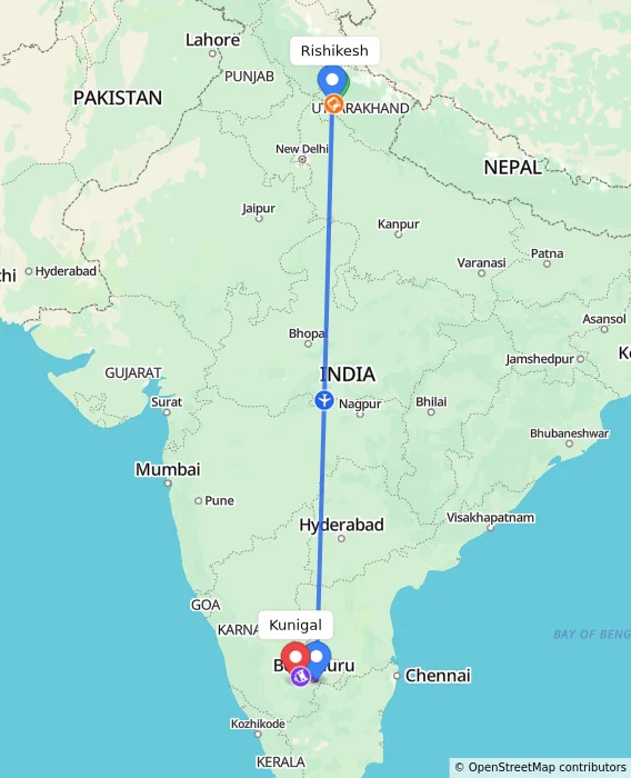 Route map showing distance and travel time from Rishikesh, India to Kunigal, India