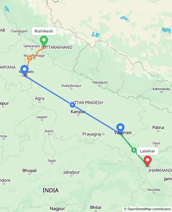 Route map showing distance and travel time from Rishikesh, India to Latehar, India