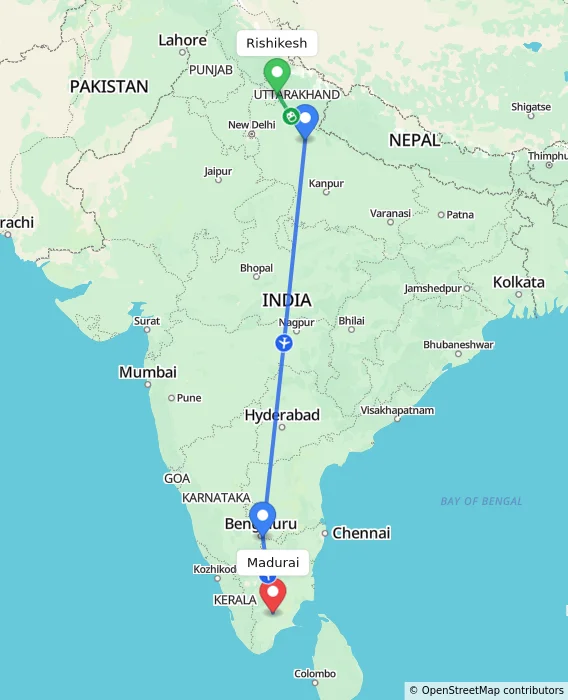 Route map showing distance and travel time from Rishikesh, India to Madurai, India