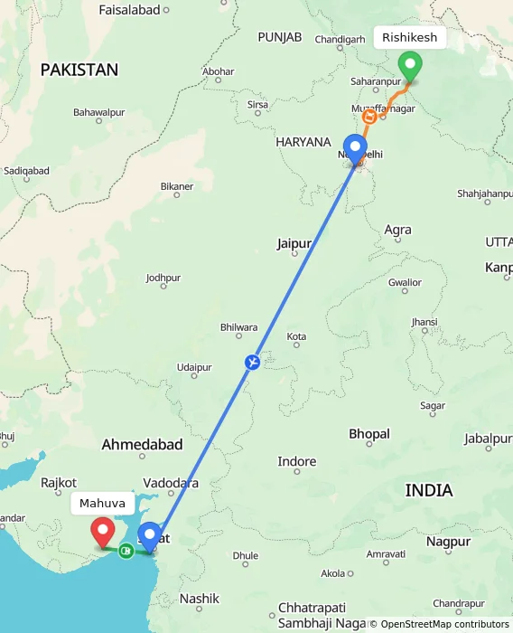 Route map showing distance and travel time from Rishikesh, India to Mahuva, India