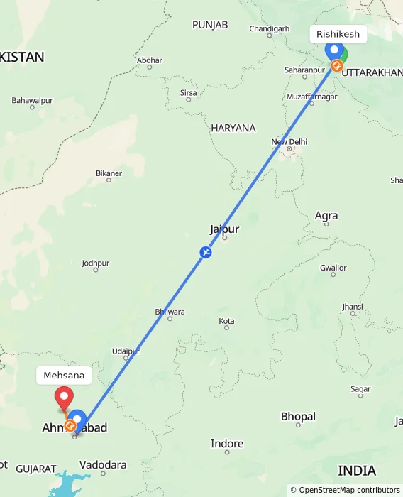 Route map showing distance and travel time from Rishikesh, India to Mehsana, India