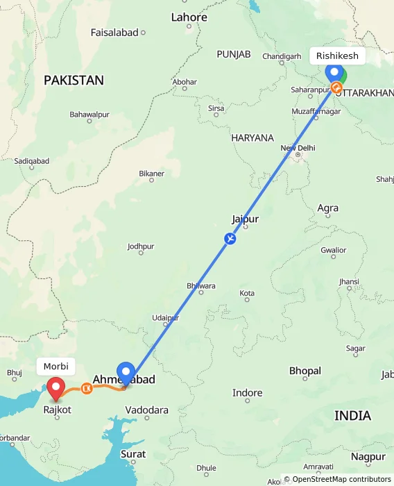 Route map showing distance and travel time from Rishikesh, India to Morbi, India
