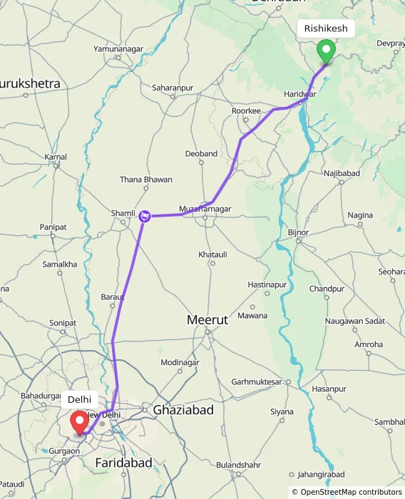 Route map showing distance and travel time from Rishikesh, India to Delhi, India