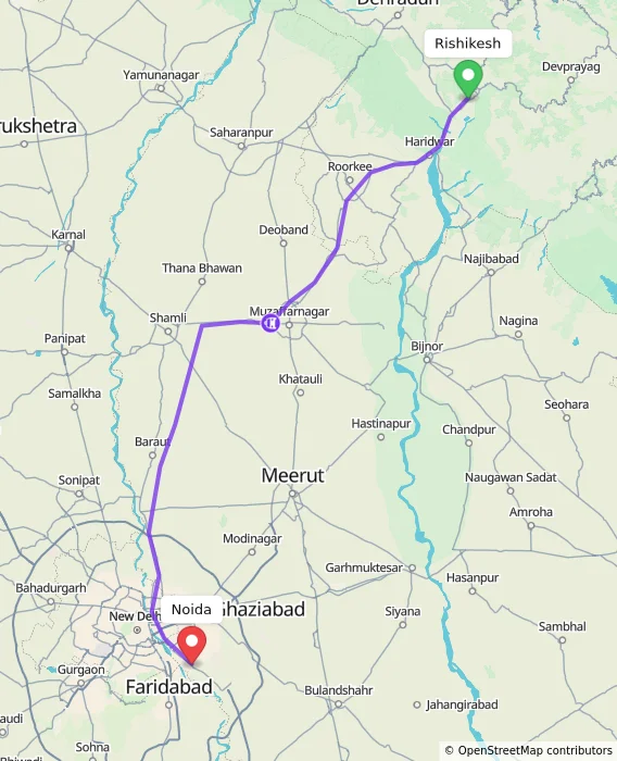 Route map showing distance and travel time from Rishikesh, India to Noida, India
