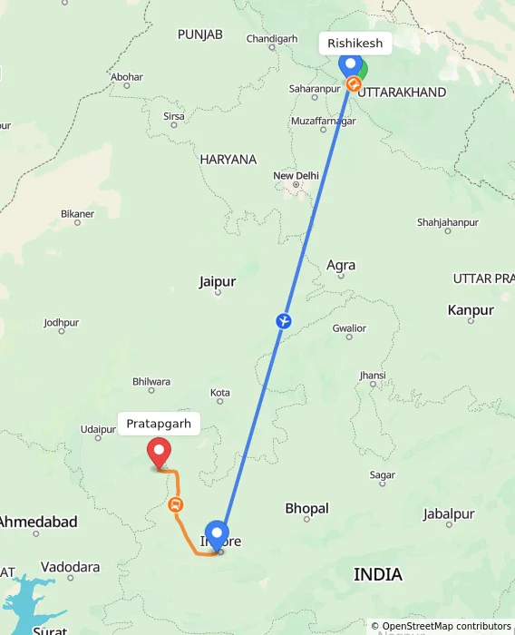 Route map showing distance and travel time from Rishikesh, India to Pratapgarh, India
