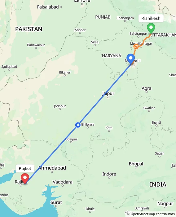 Route map showing distance and travel time from Rishikesh, India to Rajkot, India