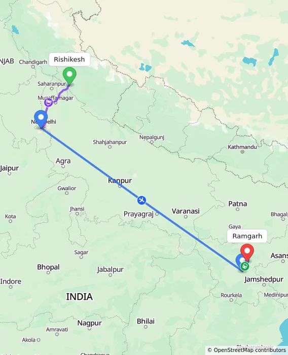 Route map showing distance and travel time from Rishikesh, India to Ramgarh, India