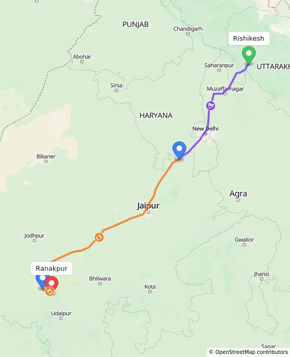 Route map showing distance and travel time from Rishikesh, India to Ranakpur, India