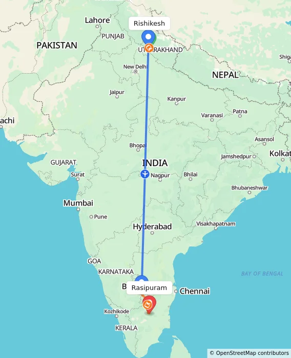 Route map showing distance and travel time from Rishikesh, India to Rasipuram, India