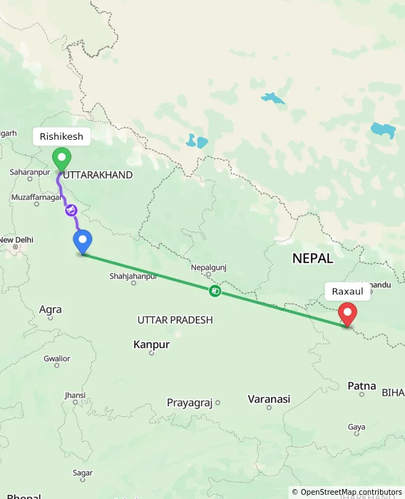 Route map showing distance and travel time from Rishikesh, India to Raxaul, India