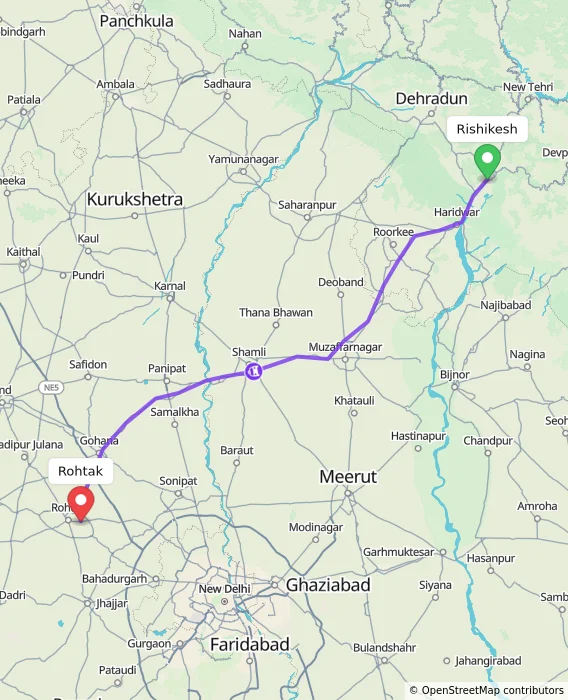 Route map showing distance and travel time from Rishikesh, India to Rohtak, India