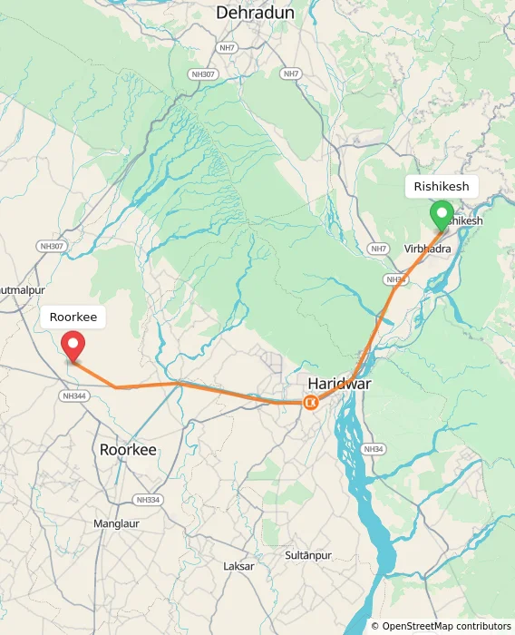 Route map showing distance and travel time from Rishikesh, India to Roorkee, India