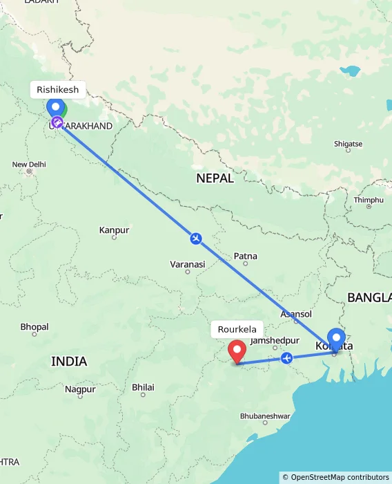 Route map showing distance and travel time from Rishikesh, India to Rourkela, India