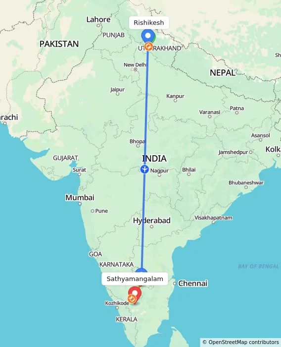 Route map showing distance and travel time from Rishikesh, India to Sathyamangalam, India