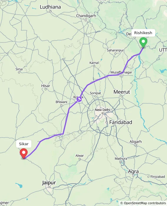 Route map showing distance and travel time from Rishikesh, India to Sikar, India