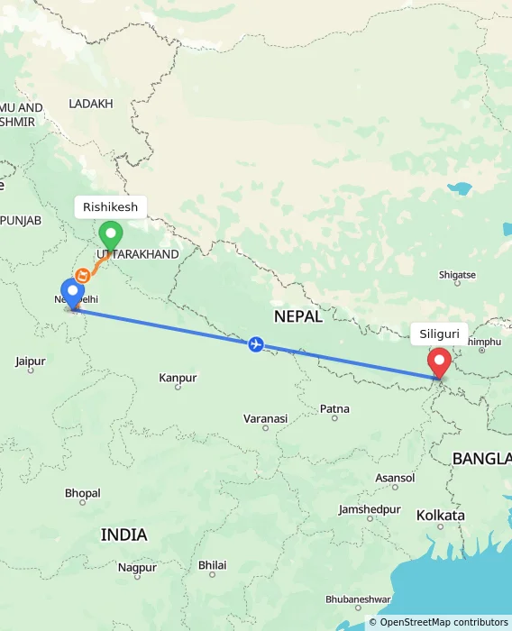 Route map showing distance and travel time from Rishikesh, India to Siliguri, India
