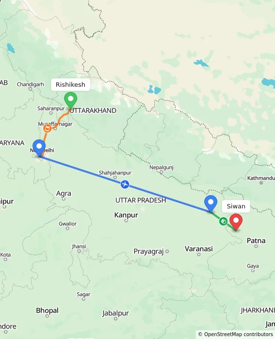 Route map showing distance and travel time from Rishikesh, India to Siwan, India