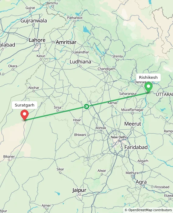 Route map showing distance and travel time from Rishikesh, India to Suratgarh, India