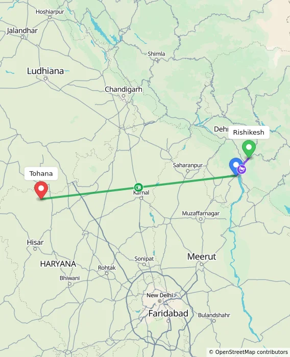 Route map showing distance and travel time from Rishikesh, India to Tohana, India