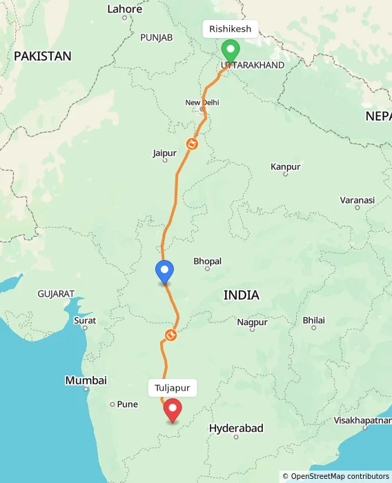 Route map showing distance and travel time from Rishikesh, India to Tuljapur, India