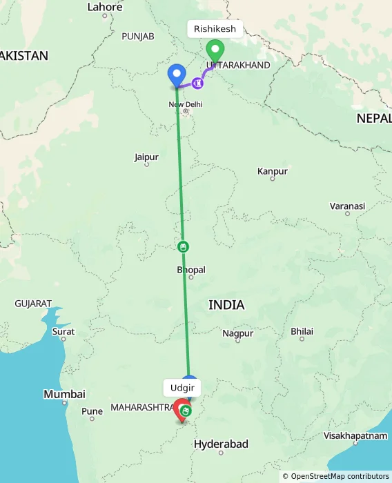 Route map showing distance and travel time from Rishikesh, India to Udgir, India